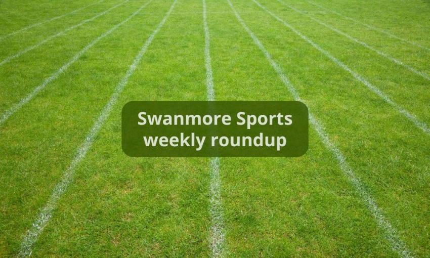 Image shows a grass field with white lines painted on it for a 100 metre race, and the words Swanmore Sports weekly roundup